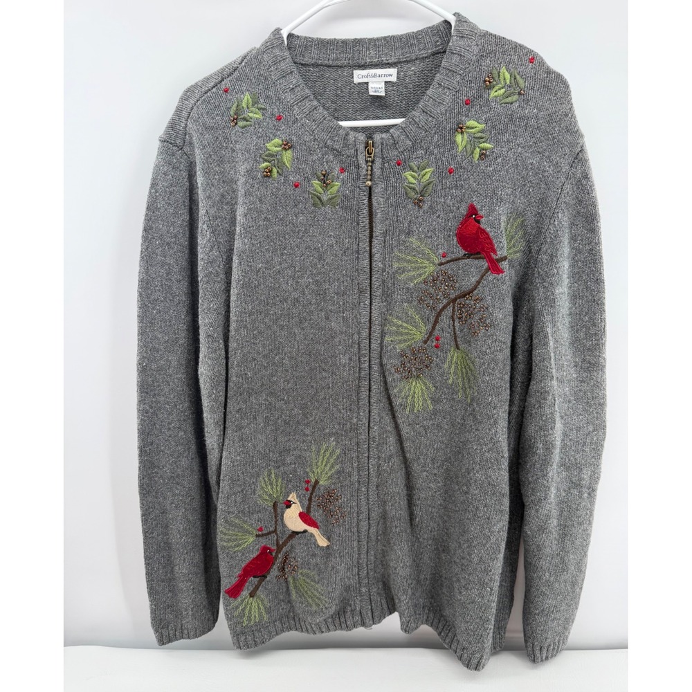 Vintage Cardigan Sweater Womens 2X Gray Embroidered Cardinal Bird Zip Up
